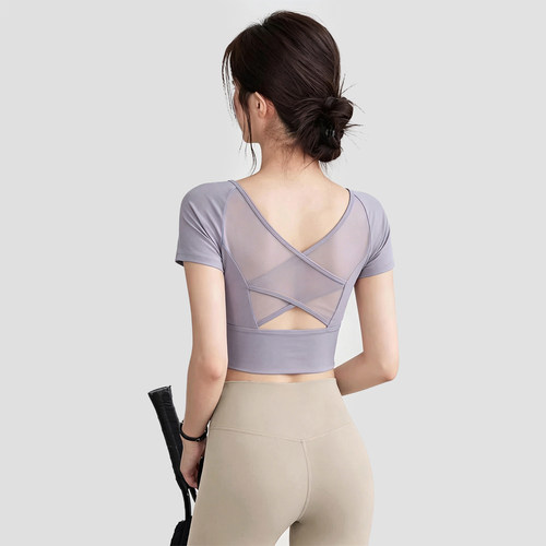 瑜伽服短袖女带胸垫网纱运动上衣