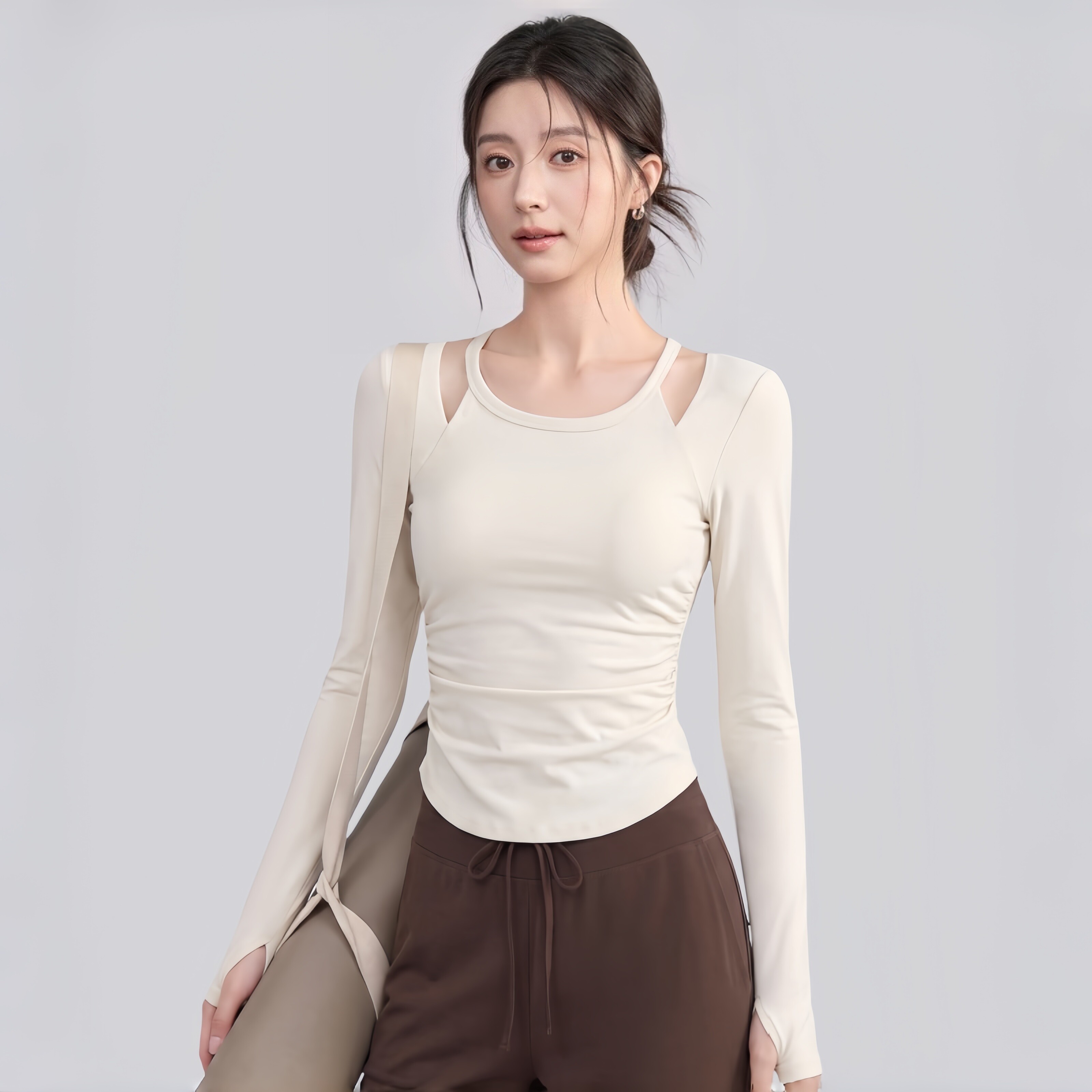 VOJ假两件瑜伽服女秋带胸垫露肩长袖显瘦普拉提训练健身运动上衣