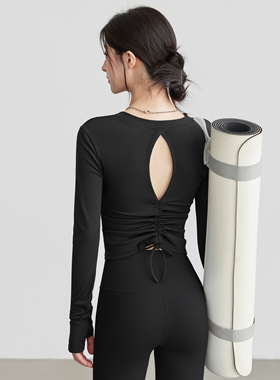 VOJ带胸垫瑜伽服镂空美背健身运动训练上衣秋冬紧身长袖健身套装