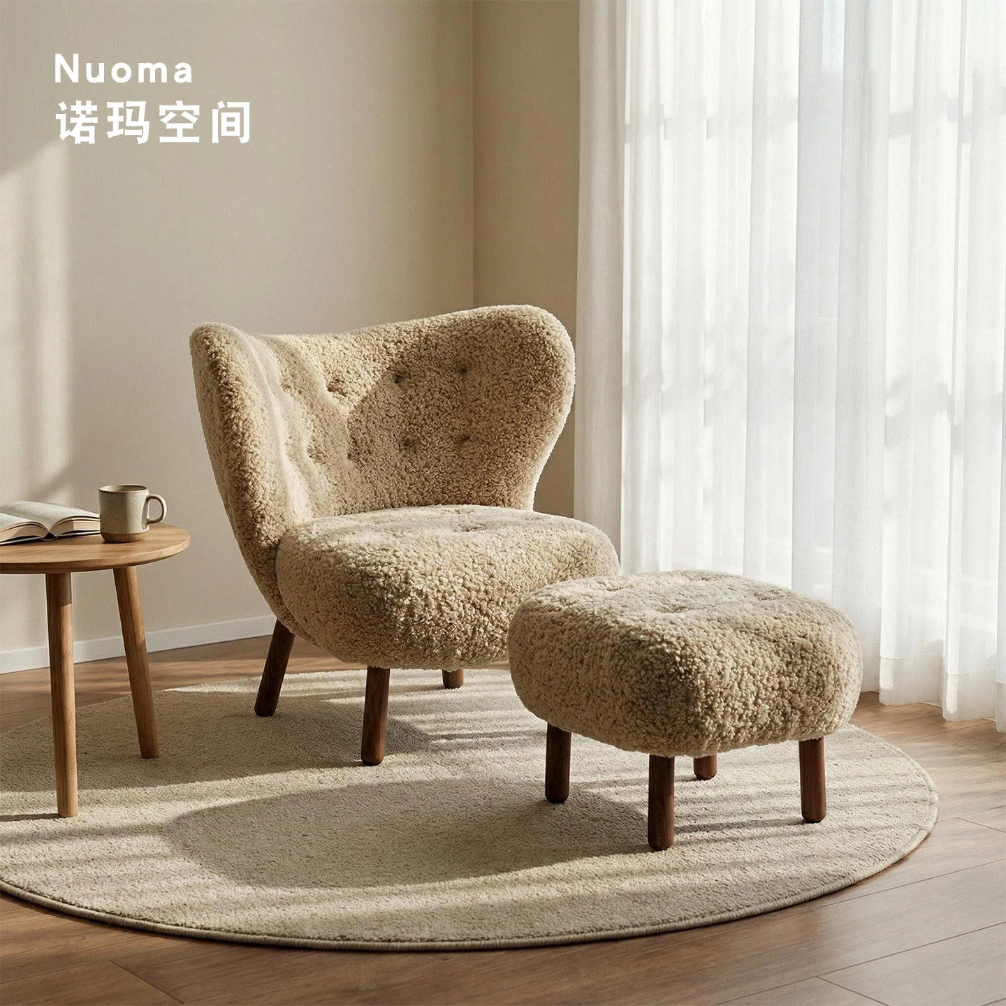 法式小佩特拉休闲椅复古奶油风羊羔绒懒人现代客厅中古风单人沙发