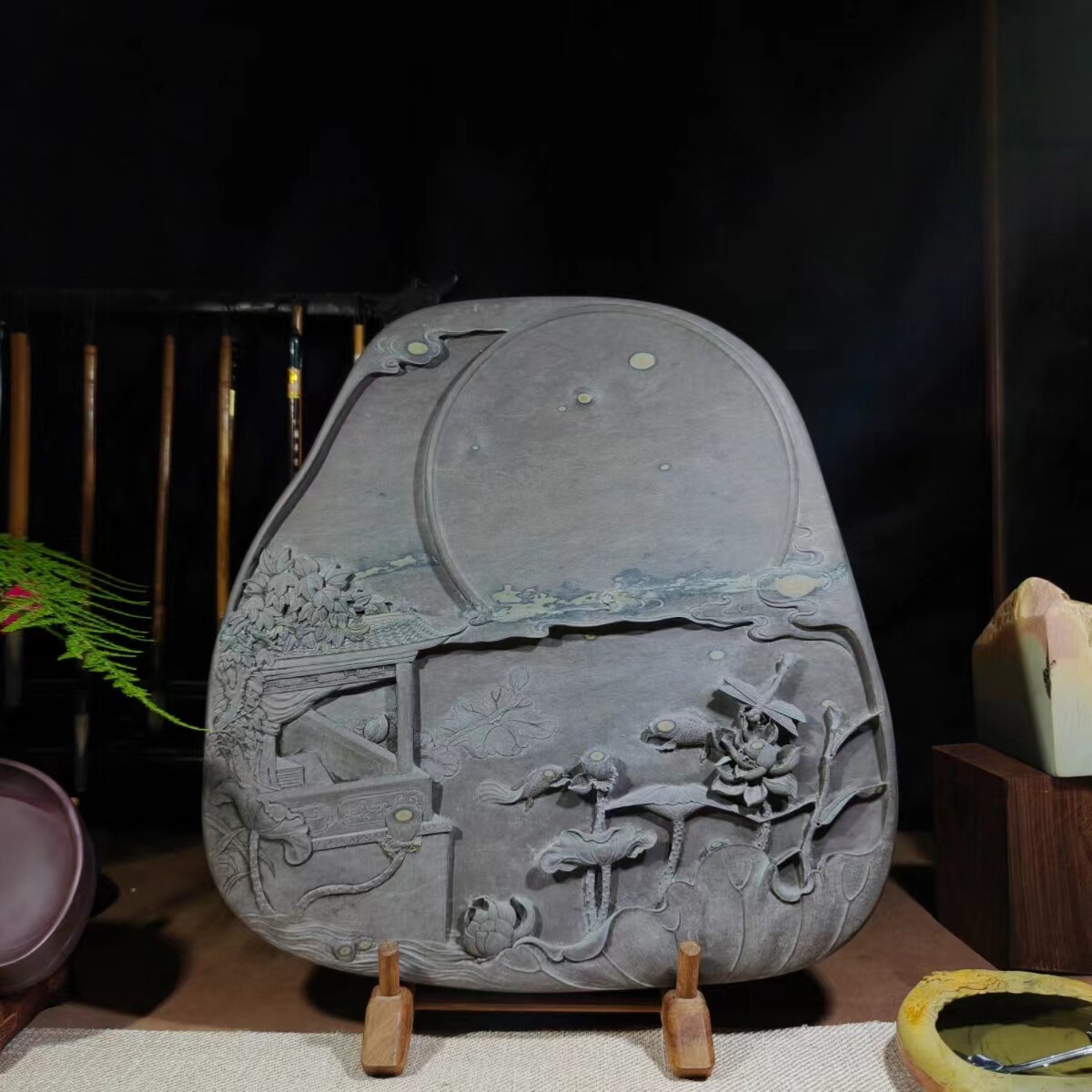 国家非遗砚台肇庆梅花坑高档端砚文房四宝书法专用收藏荷花摆件