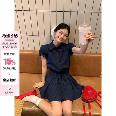 宋正恩藏蓝色泡泡袖衬衫连衣裙女夏季新款收腰显瘦时尚百搭A字裙