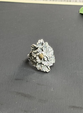 牡丹花戒指足银999复古女式镶铜
