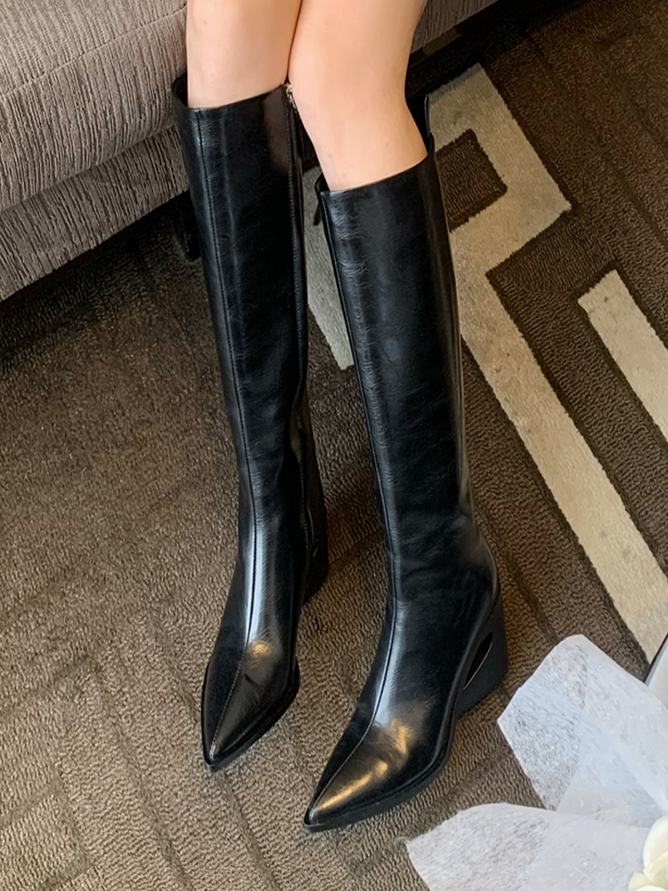 尖头高筒靴坡跟长靴网红风
