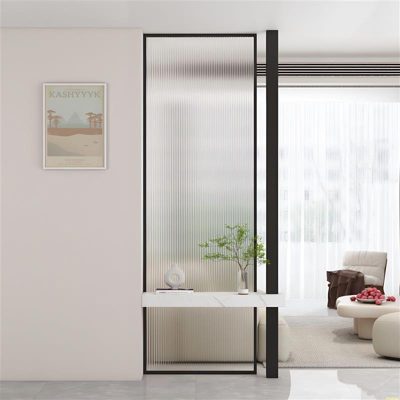 屏风隔断客厅入户正对门艺术彩绘长虹磨砂钢化玻璃铁艺不锈钢框架