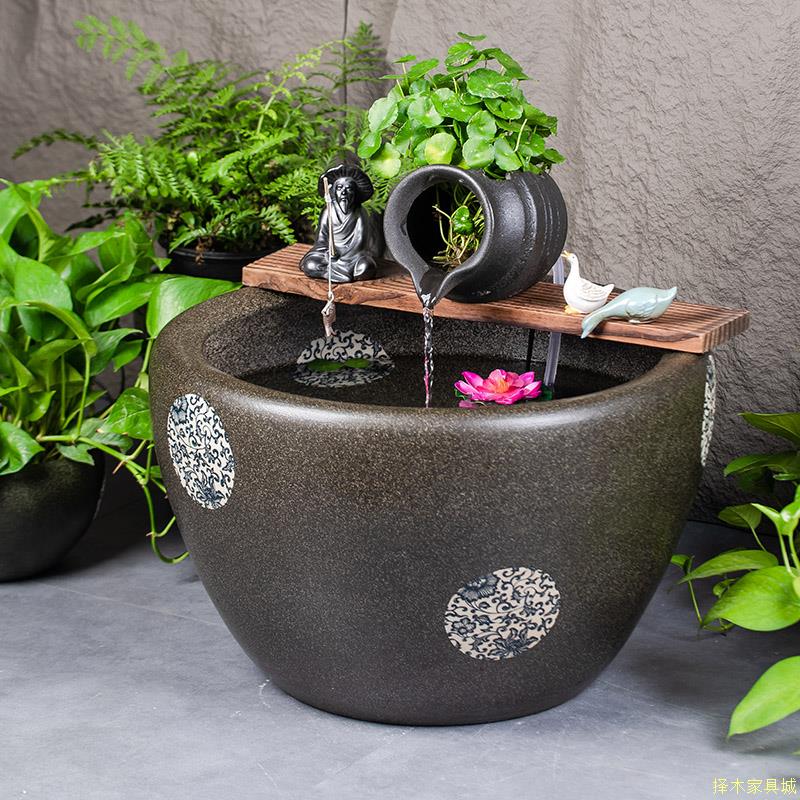 陶瓷鱼缸循环流水摆件室内外庭院古法养鱼缸大水缸落地陶罐流水