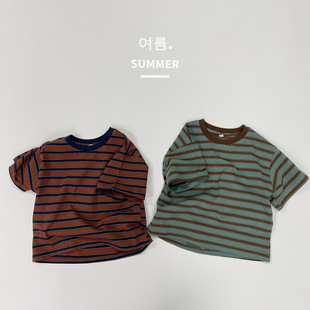 韩系条纹穿搭儿童条纹短袖 T恤男女童纯棉百休闲体恤上衣 福利