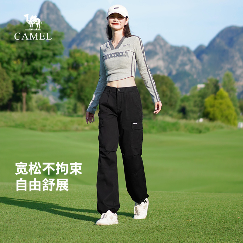 骆驼户外运动工装裤女子2025春夏新款纯棉休闲百搭直筒束脚长裤子