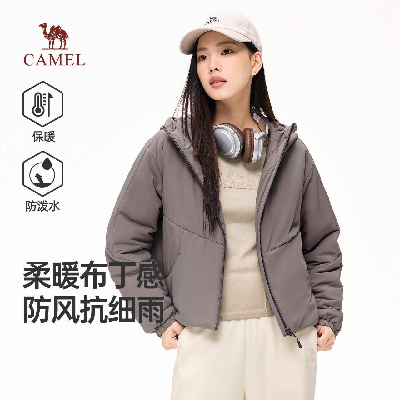 骆驼女装短款棉服2026秋冬新款户外保暖防风防泼水连帽夹克外套图片