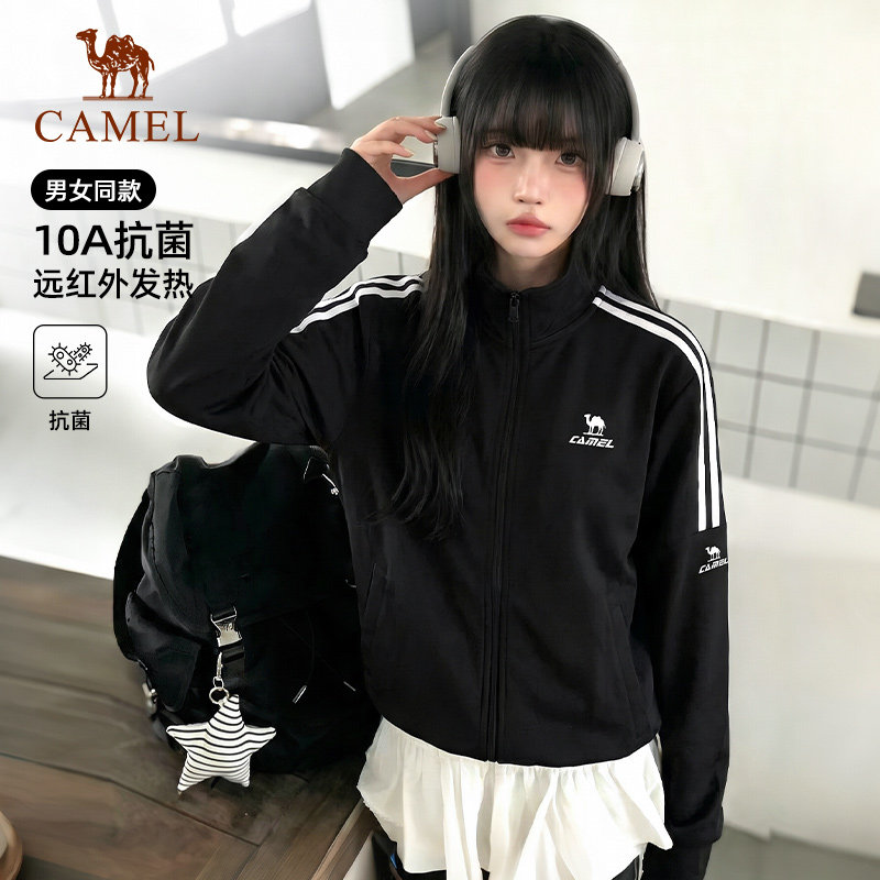 骆驼运动外套女2026秋季新薄款黑色长袖开衫卫衣通勤休闲立领上衣图片
