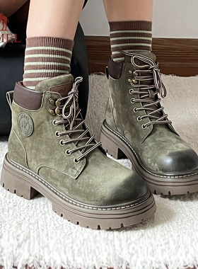 绿色骆驼马丁靴女鞋秋冬大黄靴真皮厚底靴子女登山鞋