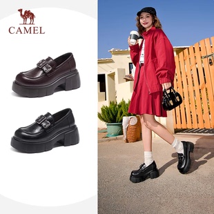 骆驼女鞋2025秋冬休闲鞋百搭复古厚底增高小皮鞋乐福鞋