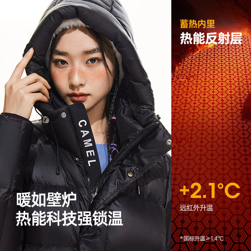 骆驼女装中长款羽绒服2025冬季新款连帽加厚保暖黑色面包服外套