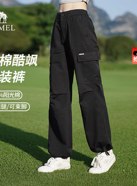 骆驼女装纯棉工装裤2026夏季黑色轻薄透气运动休闲宽松直筒冲锋裤