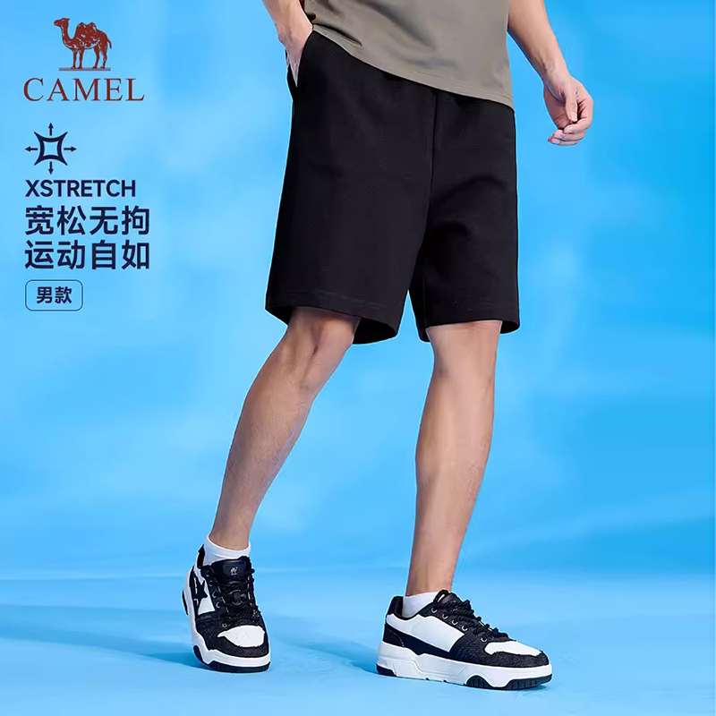 骆驼男装针织休闲短裤男士2025新款夏季宽松直筒透气运动五分裤子