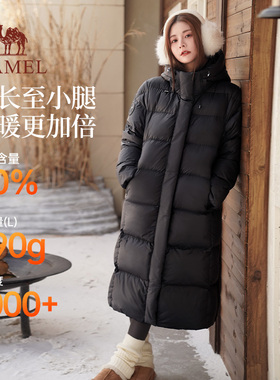 骆驼女装长款羽绒服2025新款冬季户外连帽加厚保暖黑色面包服外套