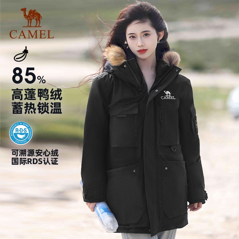 骆驼工装派克服女2025冬季新款户外加厚防寒羽绒服女款中长款外套