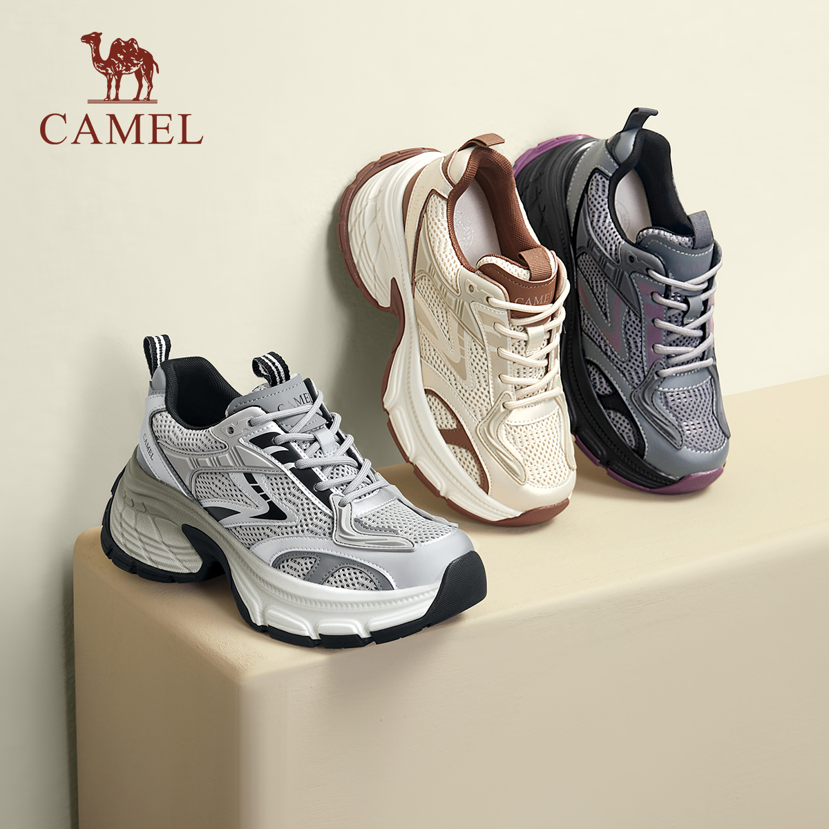 骆驼银色厚底老爹鞋时尚休闲鞋女