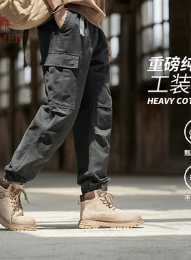 骆驼男装重磅纯棉工装裤男士秋季宽松黑色户外运动束脚休闲长裤子