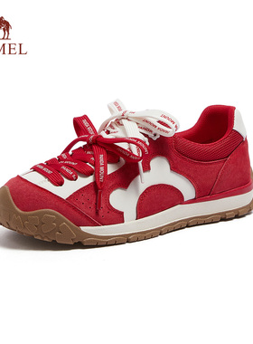 骆驼熊猫女鞋2026春季红色德训鞋户外运动鞋休闲板鞋女百搭阿甘鞋