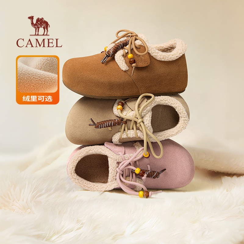 骆驼勃肯鞋女鞋2025秋冬民族风复古厚底毛绒加绒外穿一脚蹬