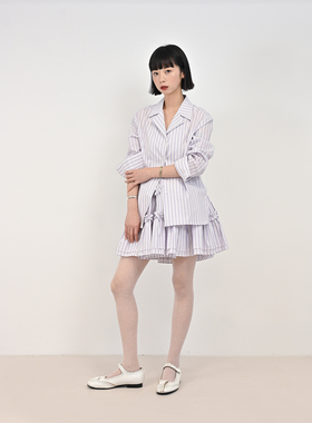 Room vol.12 紫色条纹西装翻领休闲宽松款法式长袖衬衫女士定制
