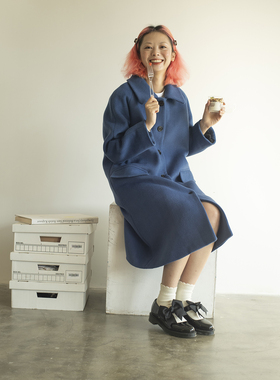 FountainMountain Room vol.5 澳毛羊毛斜纹粗花蓝色直筒中长大衣