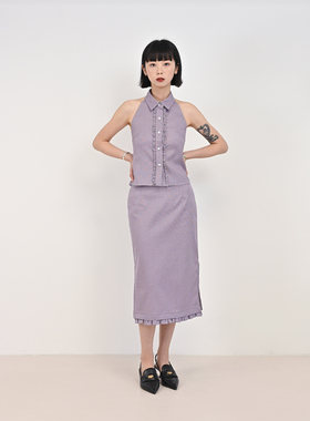 Room vol.12 紫色格子花边下摆侧开叉直筒中低腰中长款半身裙