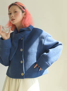 FountainMountain Room vol.5 澳毛羊毛斜纹蓝色领巾直筒短款外套