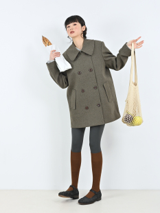 Room vol.10 棕灰色青果领双排扣中长款毛呢风衣外套大衣定制