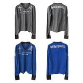 Y2K千禧风条纹V领骷髅烫钻街头设计感正肩男女长袖 DETW 黑蓝叛章