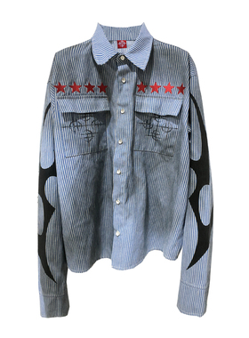 DETW 25ss*《红星》原创水洗喷脏蓝色条纹衬衫休闲懒惰高级感廓型