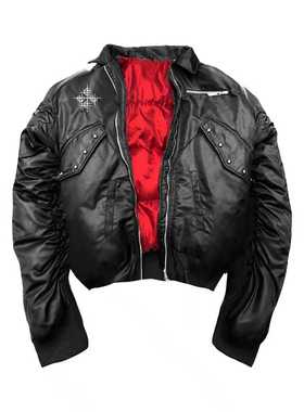 DETW 25AW*设计感高级盔甲拼皮复古暗黑Bomber飞行夹克羽绒棉服