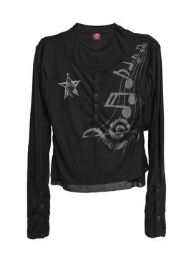 DETW 25ss*原创《音符》双层排扣网纱微透修身设计感 圆领长袖T恤