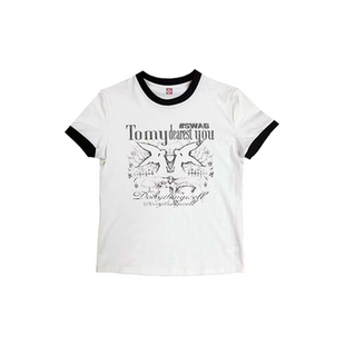 标语烫钻正肩圆领T恤男女 黑白撞色磨毛棉拼接螺纹 DETW 爱心天使