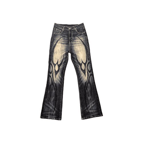 DETW水洗做旧黄图腾修身牛仔裤