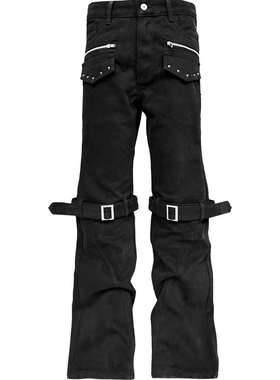 DETW 26SS*貉狼系列定制洗褪黑牛仔金属拉链绑带可调节堆叠牛仔裤