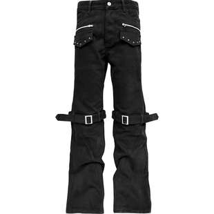 貉狼系列定制洗褪黑牛仔金属拉链绑带可调节堆叠牛仔裤 DETW 26SS
