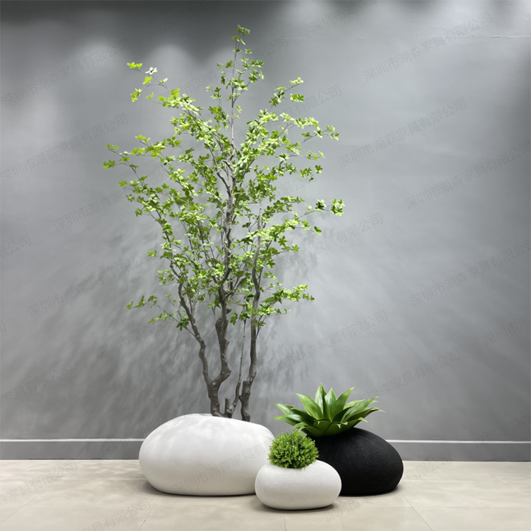 简约现代椭圆鹅卵石花盆商场售楼部造景大型高仿真日本吊钟摆件饰