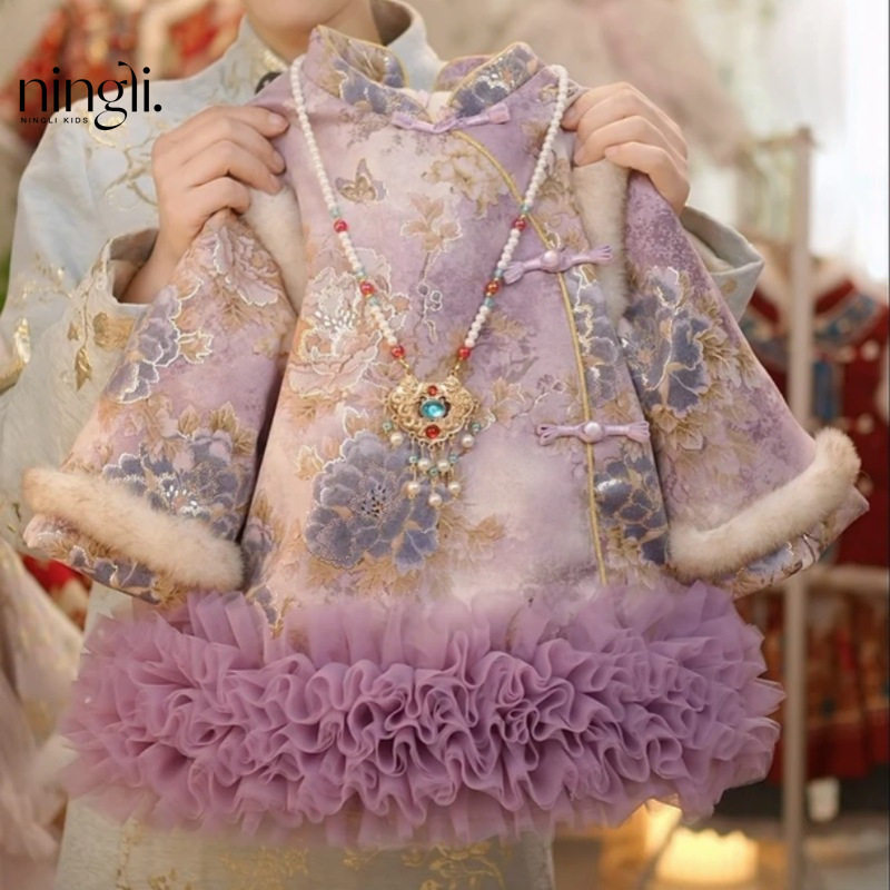 女童童装汉服25新年新中式绣花女宝宝紫色提花加绒夹棉旗袍裙年服,童装/婴儿装/亲子装,汉服,淘宝优惠券,粉丝福利购,淘宝优惠卷