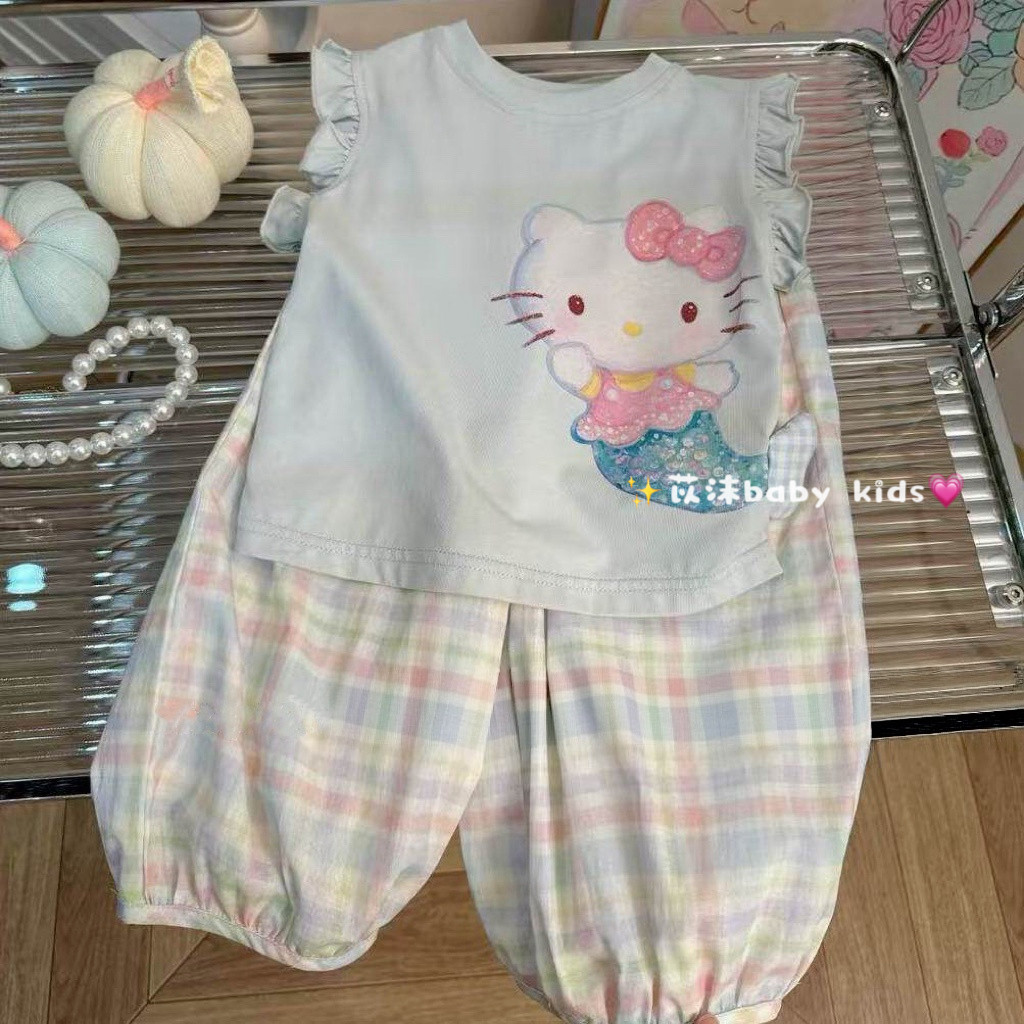 女童夏季新款套装可爱人鱼kitty上衣格子裤百搭洋气幼儿园两件套