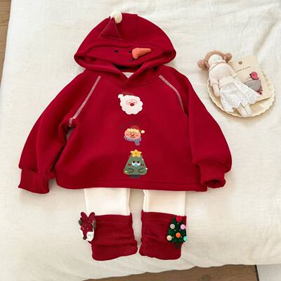 女童连帽2025冬季圣诞加绒套装