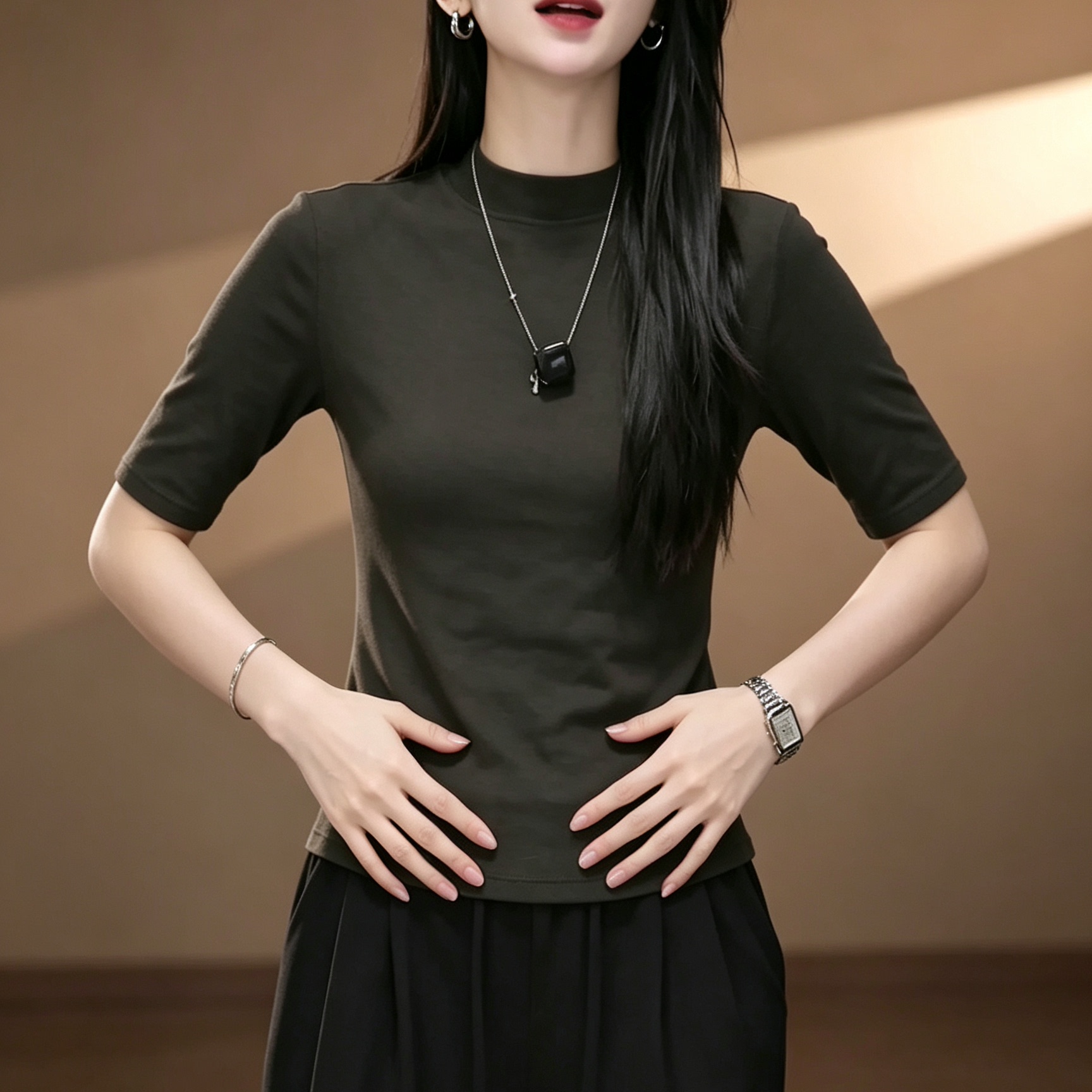 半高领中袖气质洋气显瘦T恤女图片