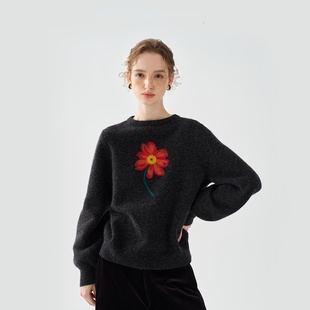 绵羊毛毡绣花罗纹收边针织衫 茶愫言同款 毛衣26春新女 向阳花束