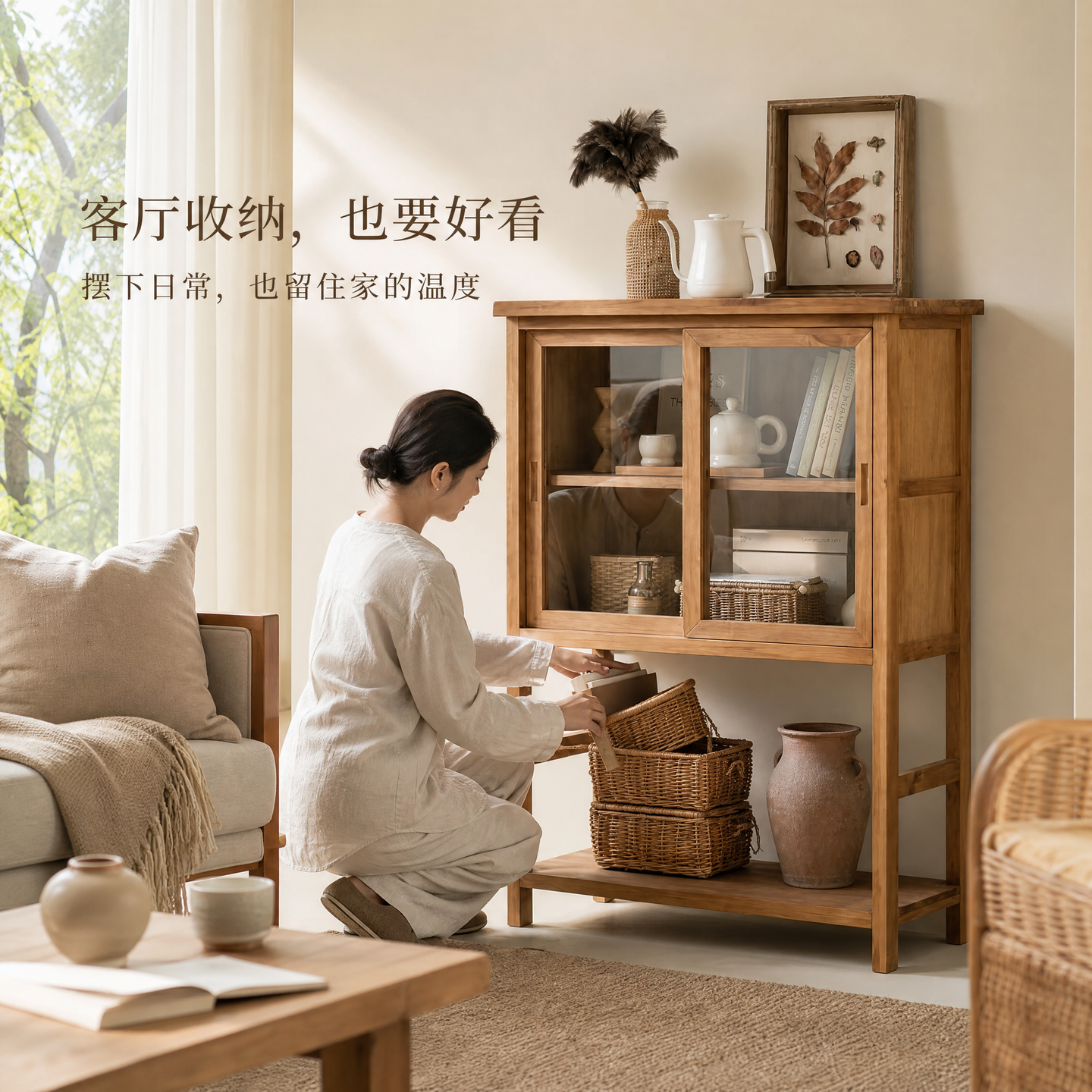 榆木餐边柜客厅收纳储物柜玻璃门书柜多层展示柜多功能置物架定制