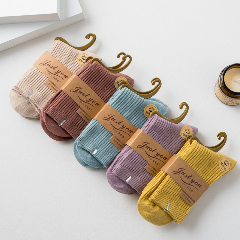 新款特价女士单针袜子纯色休闲中筒棉袜秋冬季加厚保女袜子