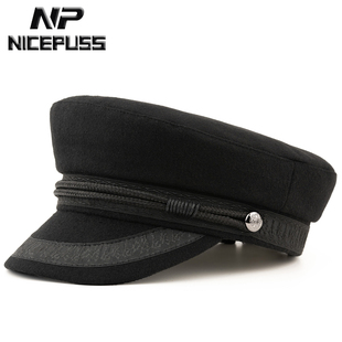 秋冬保暖帽子男冬季保暖水手帽羊毛呢平顶帽女大头围显脸小鸭舌帽