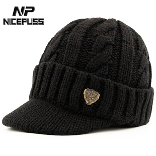 NP帽子男冬季保暖加绒加厚鸭舌帽男士针织帽中老年爸爸防寒毛线帽