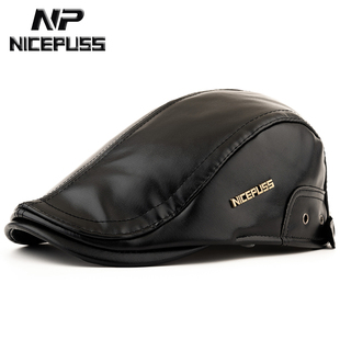 秋冬保暖帽子男款冬季加绒加厚PU皮质鸭舌帽中老年爸爸护耳前进帽