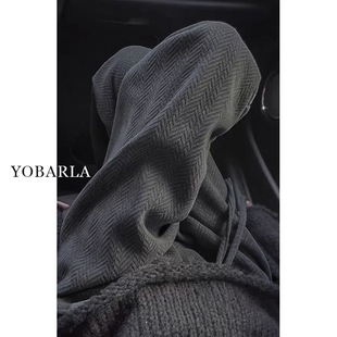 深灰色纹理感直筒休闲裤女冬季加绒加厚胖mm大码显瘦垂感阔腿裤子